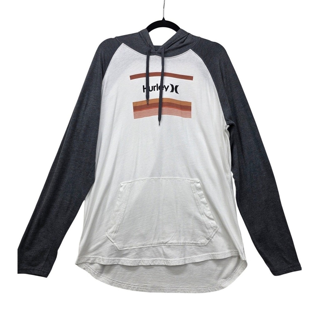 Hurley Mens Raglan Hoodie White Charcoal Grey Graphic‎ Pullover Large